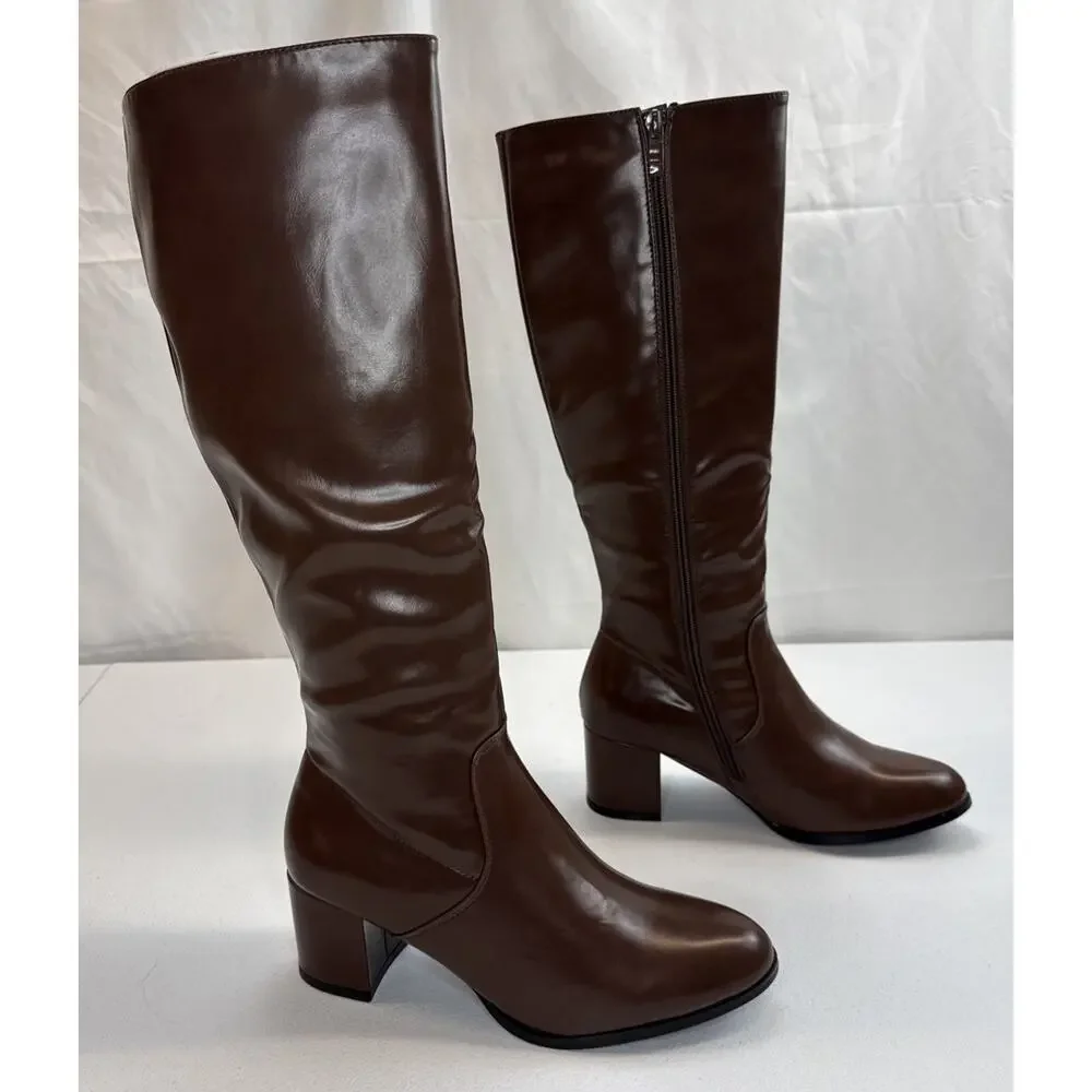 Womens Chocolate Brown Knee High Boots Block Heel Faux Leather Size 7.5